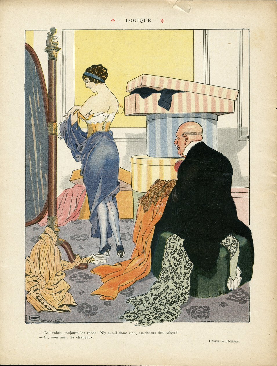 Illustration af Georges Leonnec (1881-1940) i Le Lire, 06/07/12 - Logik - Mode, Hat, Indre arkitektur, De riges liv - Kvinder af Georges Leonnec