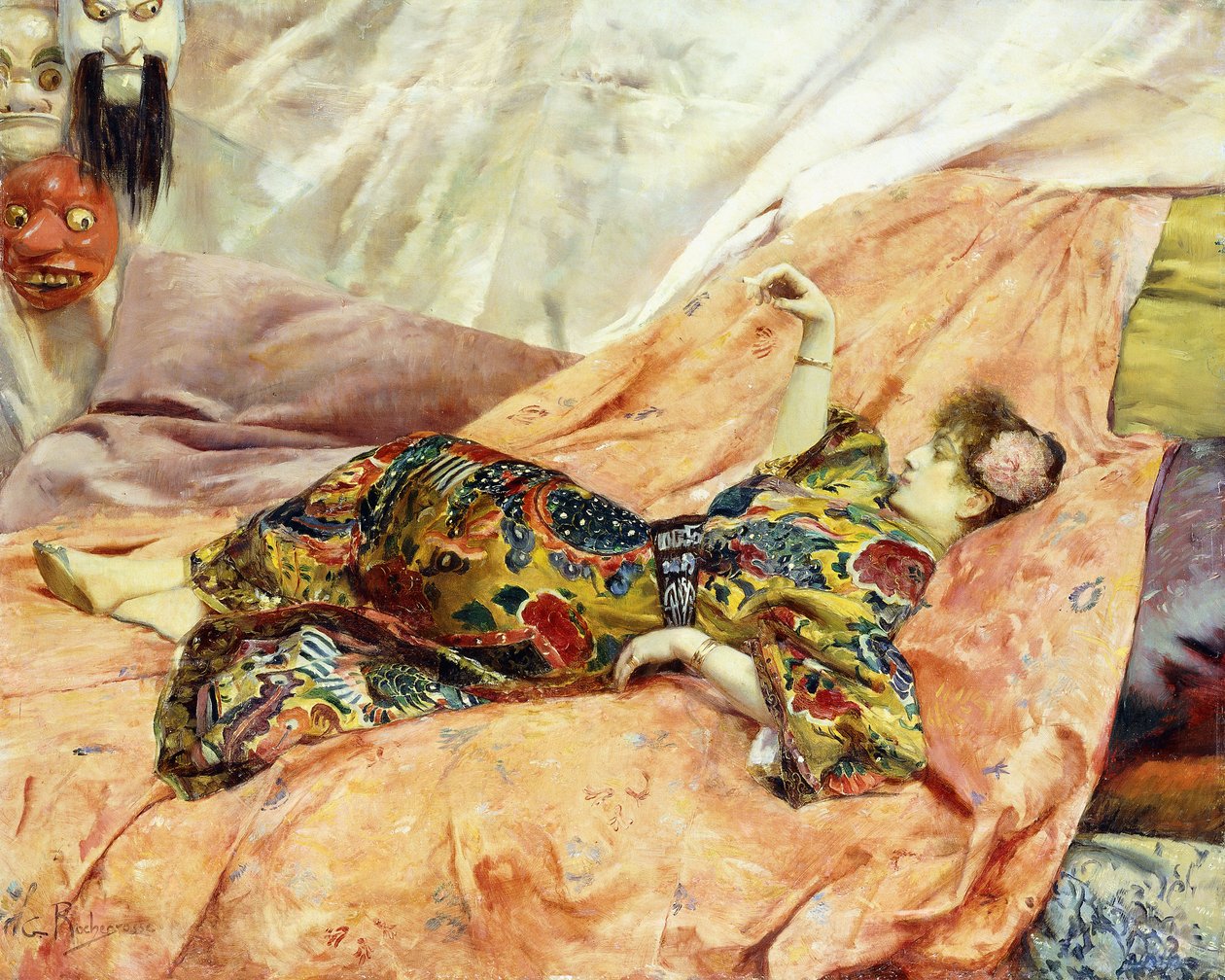 Et portræt af Sarah Bernhardt, tilbagelænet i et Chinois interiør, af Georges Marie Rochegrosse