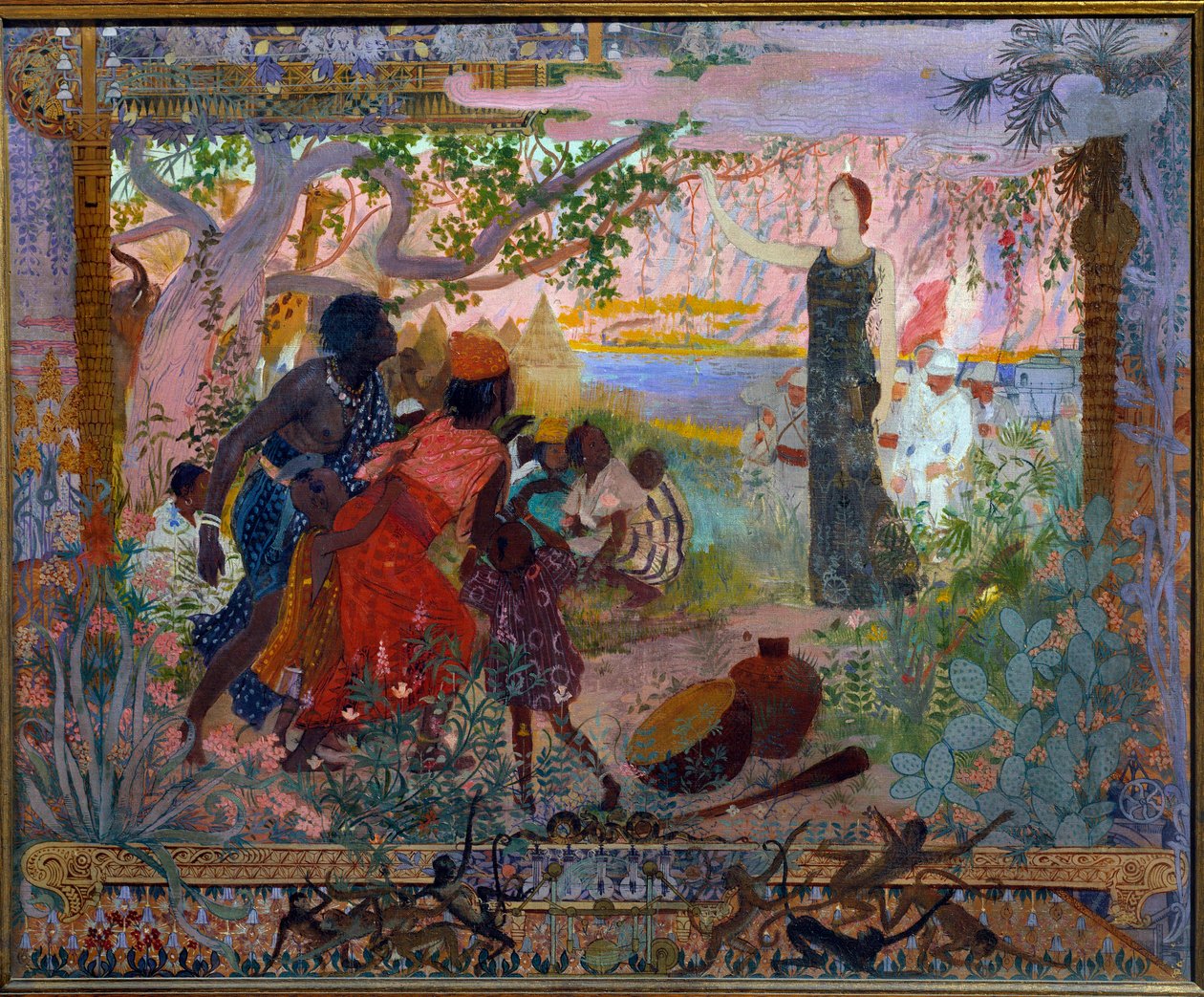 Akademisk kunst eller brandmand: "The conquet of Africa"" Allegori om kolonialisme, der repræsenterer en ung hvid kvinde, der højtideligt rykker frem mod skræmte afrikanske familier. Maleri af Georges Antoine Rochegrosse (1859-1938) 1900 Paris, Musée du Lu af Georges Marie Rochegrosse