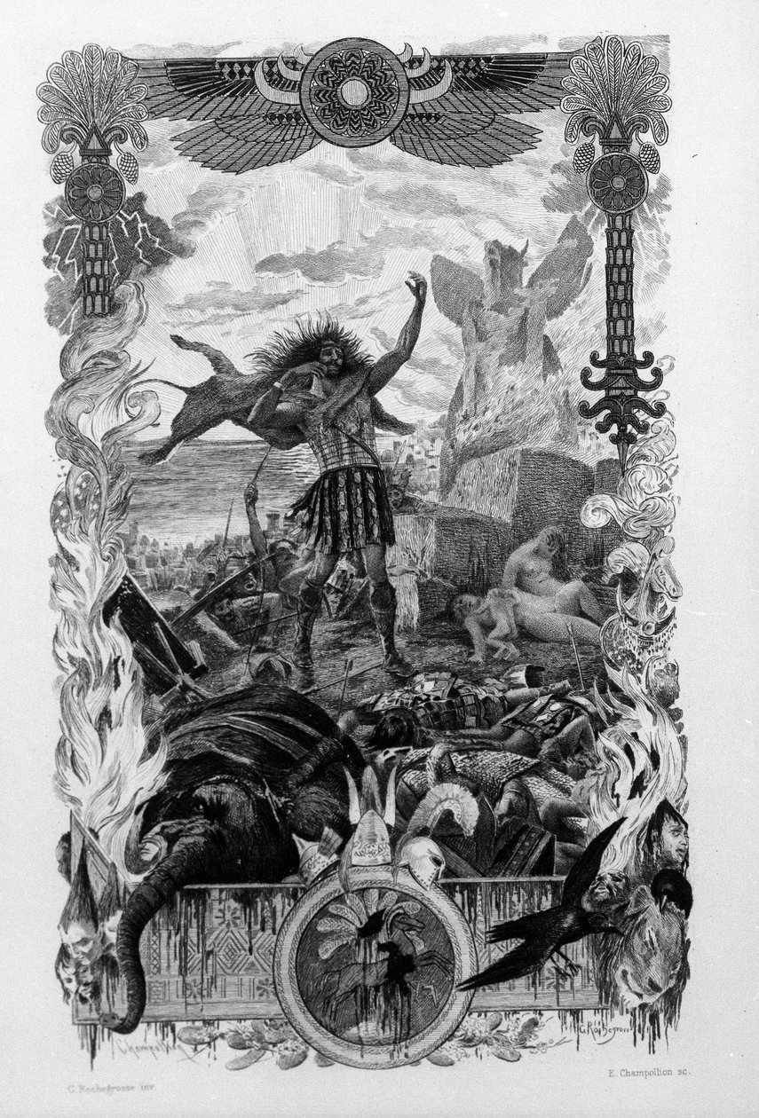 Illustration af Georges Antoine Rochegrosse (1859-1938) til romanen "Salammbo" af Gustave Flaubert, der tager udgangspunkt i lejesoldaternes krig på tidspunktet for den første puniske krig (246-241 f.Kr.) mellem romerne og karthagerne. af Georges Marie Rochegrosse
