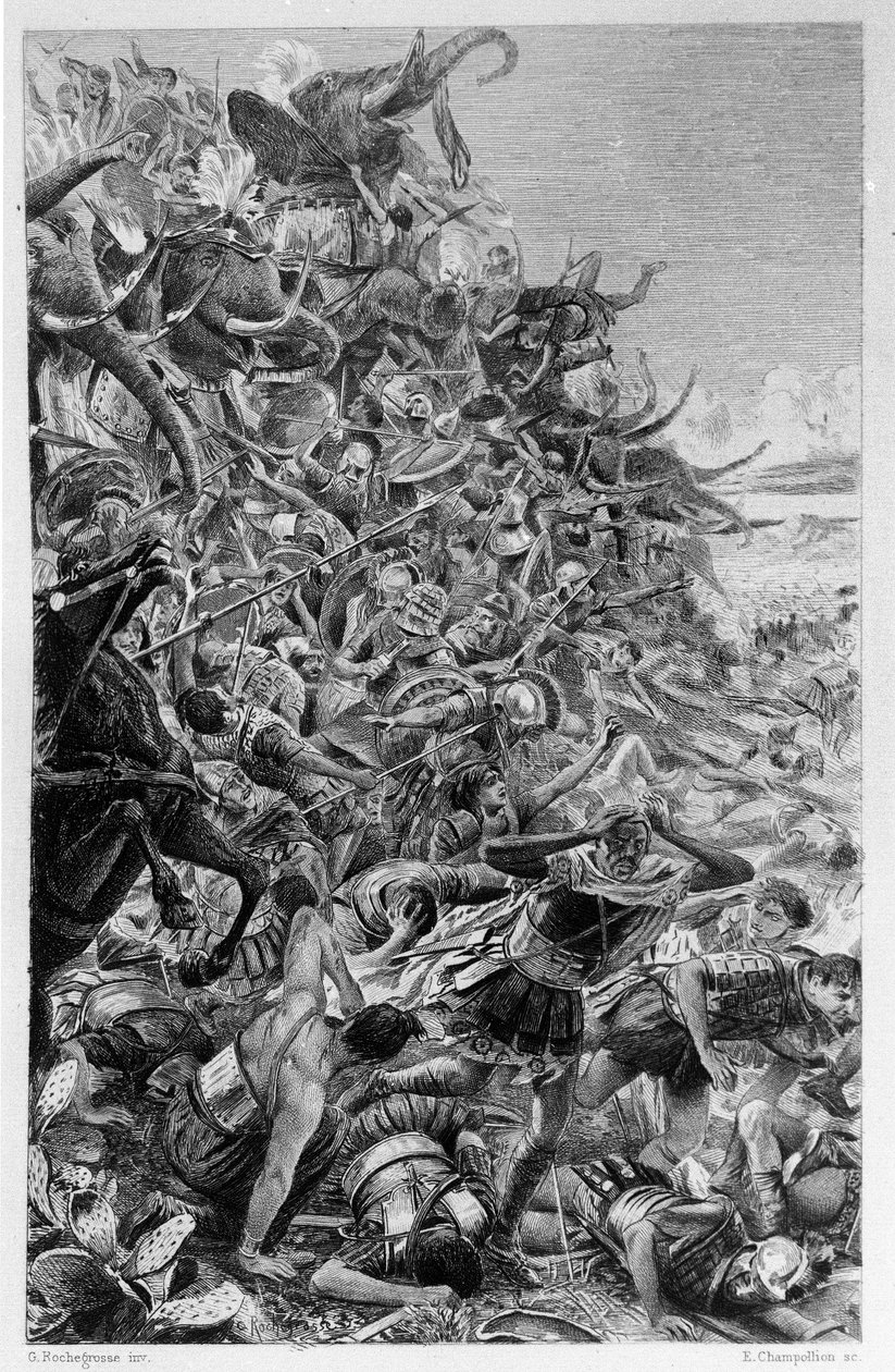 Illustration af Georges Antoine Rochegrosse (1859-1938) til romanen "Salammbo" af Gustave Flaubert, der tager udgangspunkt i lejesoldaternes krig på tidspunktet for den første puniske krig (246-241 f.Kr.) mellem romerne og karthagerne. af Georges Marie Rochegrosse