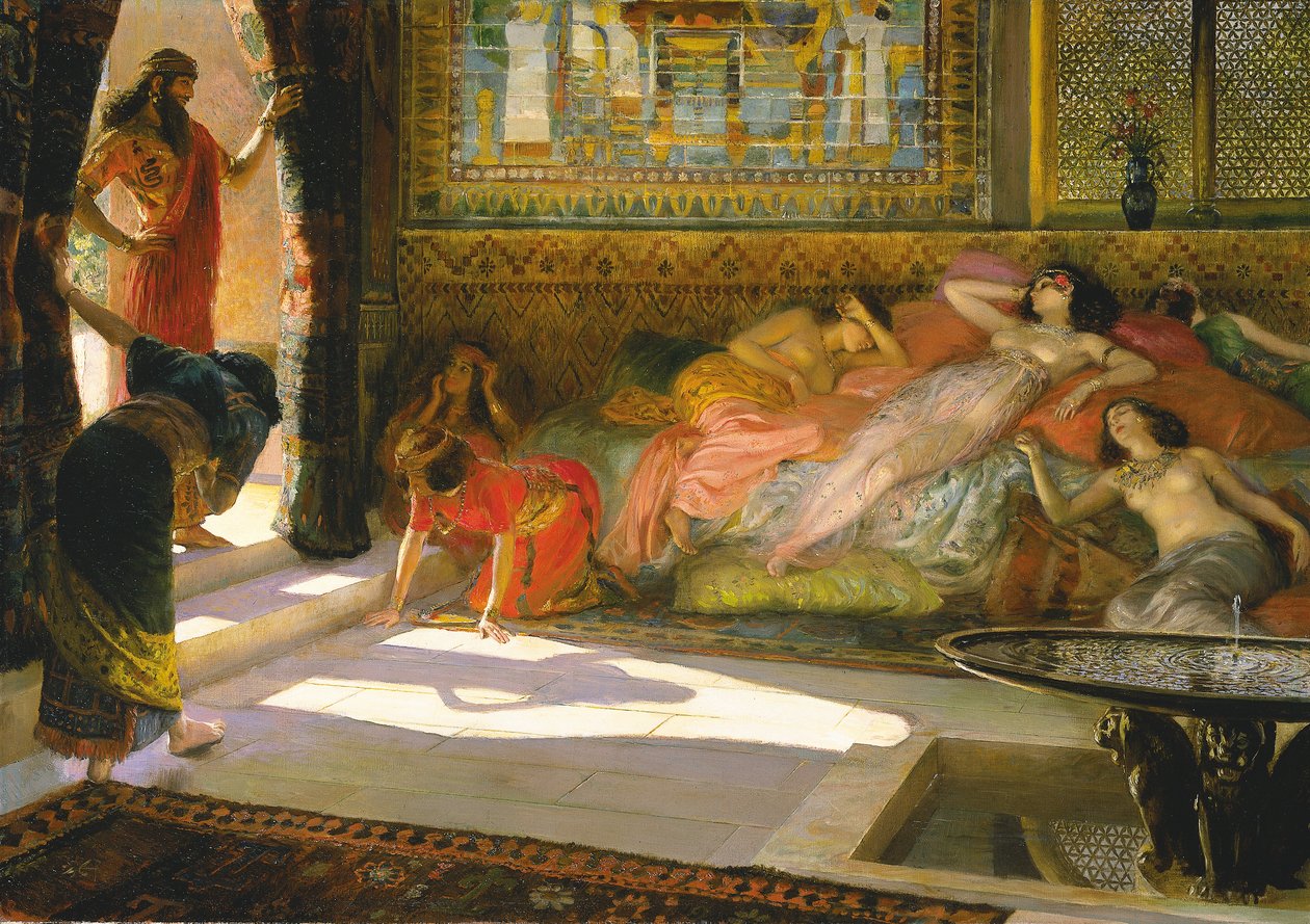 Ny ankomst til Harem, Theben, 18. dynasti, ca. 1890 af Georges Marie Rochegrosse