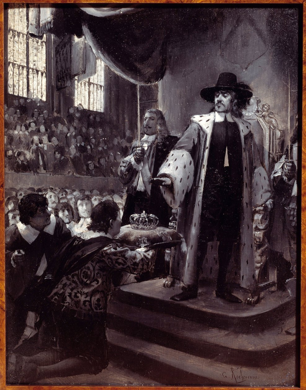 Olivier Cromwell (1599-1658) nægtede kronen Lord Protector of the Republic of Great Britain blev foreslået kronen af Humble Petition og Avis (New Parliament) i 1658. Grisaille på træ af Georges Antoine Rochegrosse (1859-1938) 1800-tallet . af Georges Marie Rochegrosse