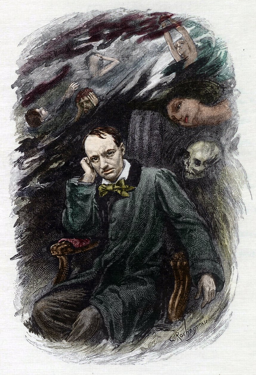 Portræt af den franske digter Charles Baudelaire (1827-1861) omgiver hans spøgelser (Repræsentation af den franske romantiske digter Charles Baudelaire omgivet af spøgelser, illustration til "" Ondskabens blomster") Illustration af Georges Antoine Rochegro af Georges Marie Rochegrosse