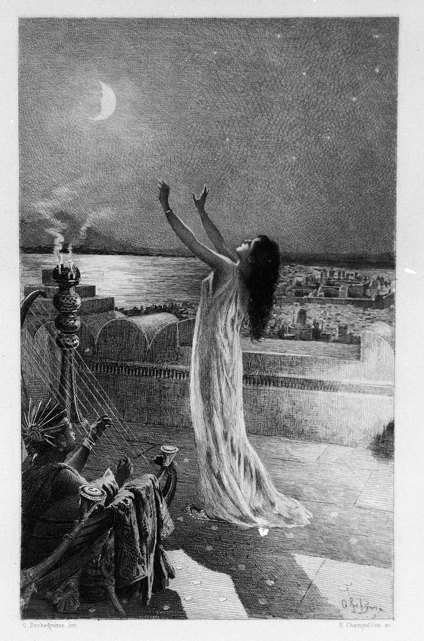 Salammbo, datter af Hamilcar Barca (eller Barcas), beder Tanit, månegudinden Illustration af Georges Antoine Rochegrosse (1859-1938) for romanen "Salammbo" af Gustave Flaubert, idet han tager lejesoldatskrigen på tidspunktet for Første puniker af Georges Marie Rochegrosse