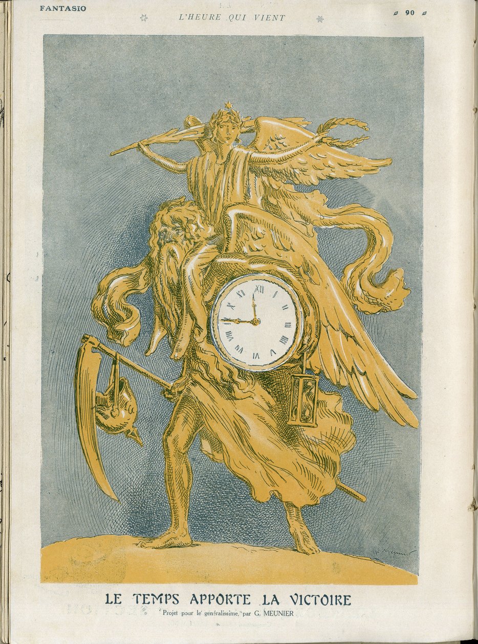 Illustration af Georges Meunier (1869-1934) i "" Fantasio""", 01/04/15 - Tid bringer sejr - Krig 14 -18, Sejr - Tid (Allegori af), Sejr (allegori) - Allegori af Georges Meunier