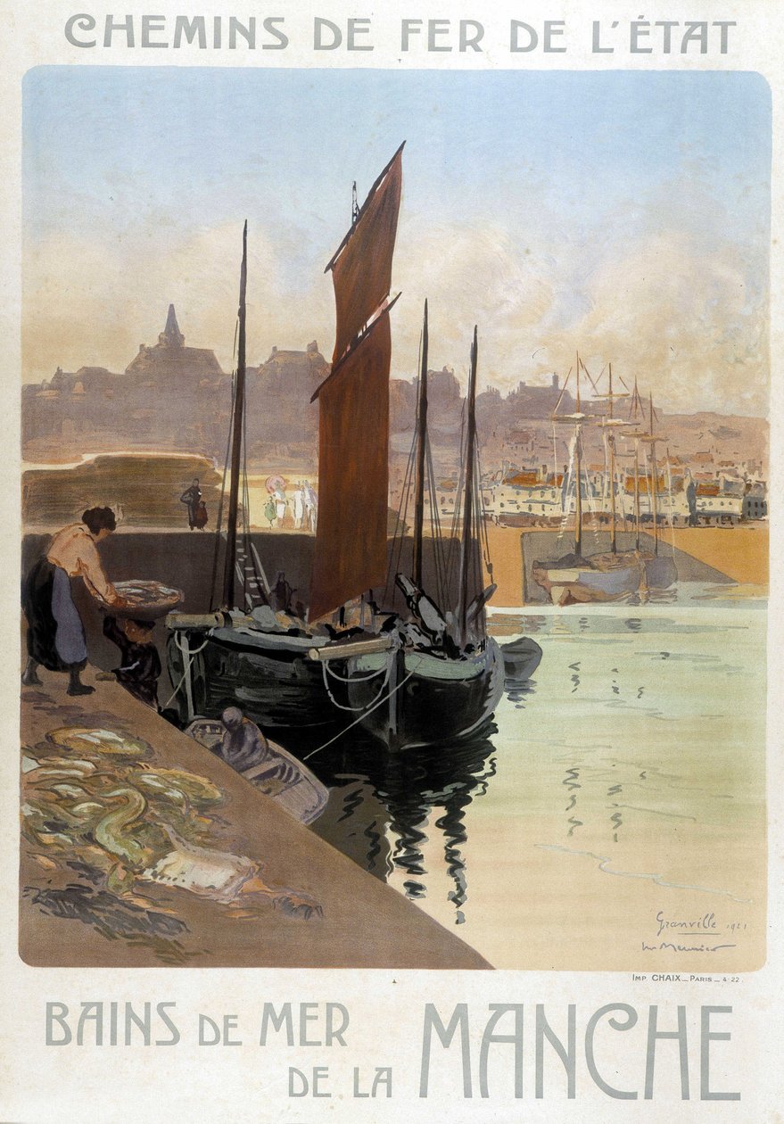 Les bains de mer de la Manche (Udsigt over havnen i Granville) - Plakat af statsbanerne, af Meunier af Georges Meunier