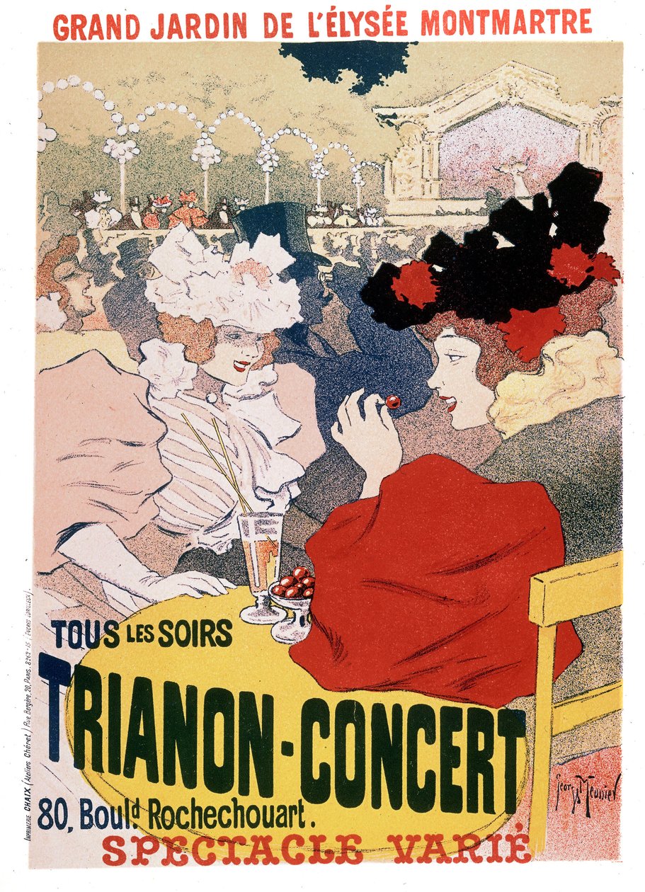 Plakat til shows ved Trianon-koncerten i haven til den parisiske kabaret Elysee Montmartre, ca. 1900 af Georges Meunier