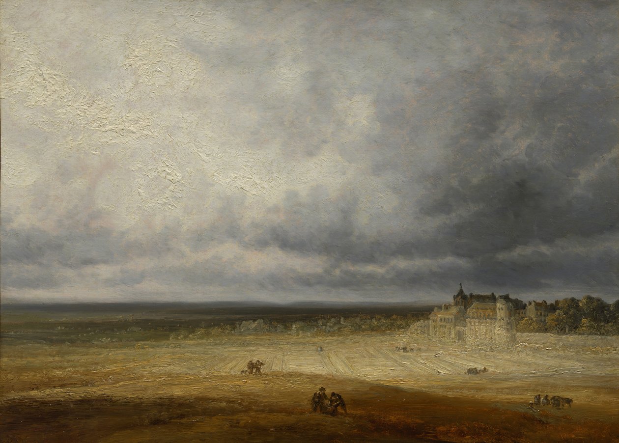Landskab med pløjemark og landsby, formentlig efter 1827. af Georges Michel