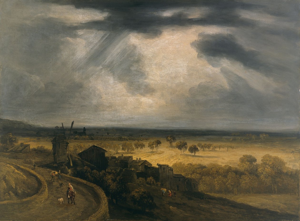Montmartre-landskab med vindmølle, ca. 1810-20 (olie på papir på hardboard på lærred) af Georges Michel