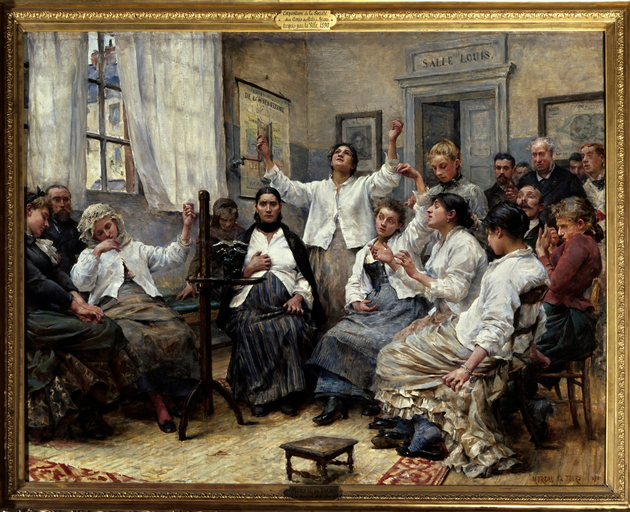 Velgørenhedens fasciner (doktor Luys tjeneste). Scene på Hôpital de la Charite i Paris: Patienter med hysteri og andre psykiske sygdomme bliver overvåget af læger bagerst i lokalet. På væggen en plakat om hypnosemetoder som behandling af Georges Moreau de Tours