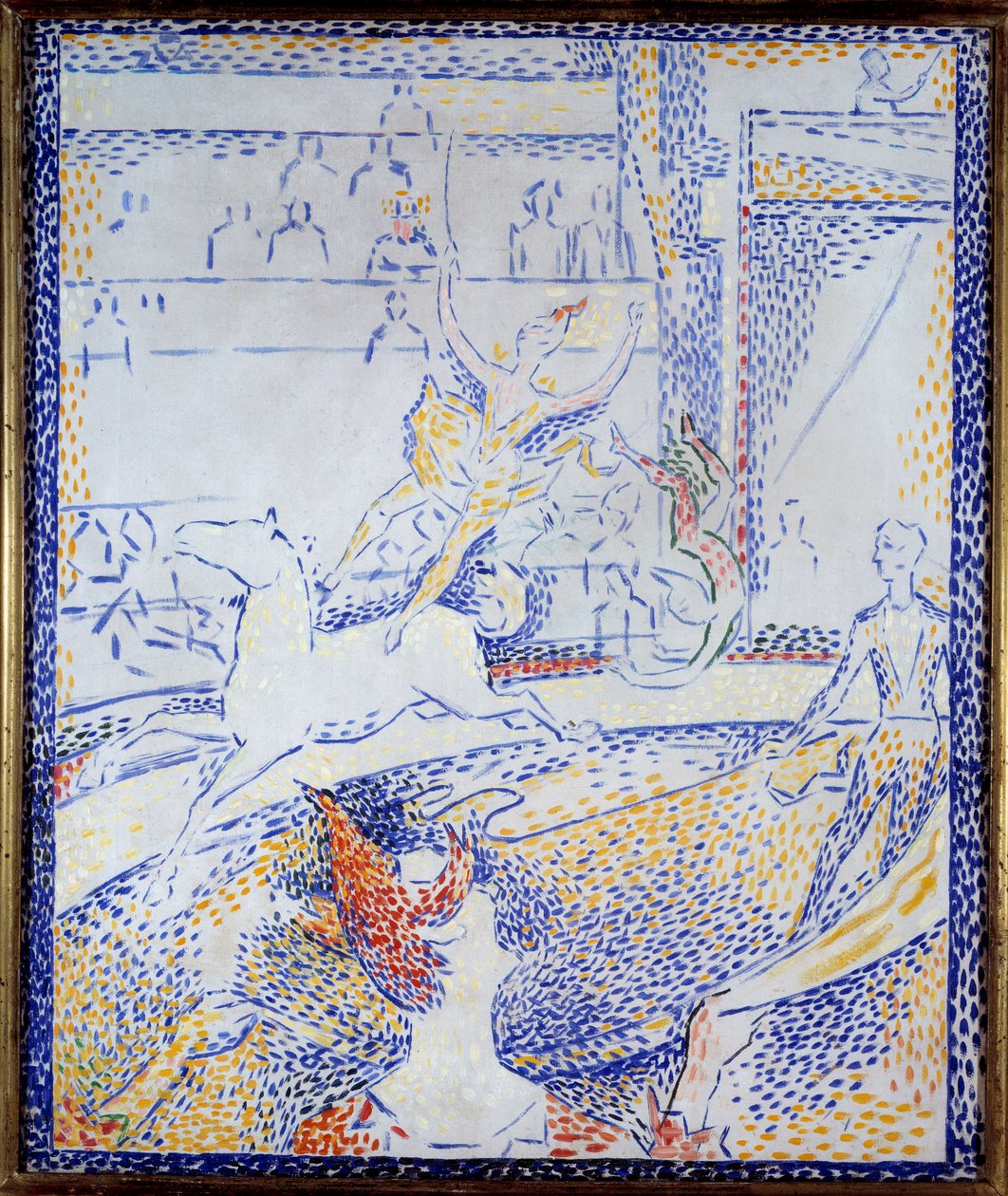 Cirkus En danser, der laver et kunstflyvningsnummer på hesteryg og en klovn. Skitse af Georges Seurat (1859-1891) 1891 søn. 0,55x0,46 m Paris, musee d
