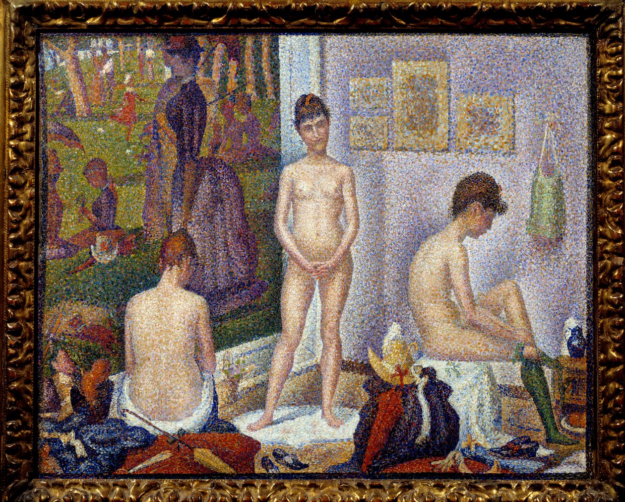 Opsætning, lille udgave Til venstre, maleriet "" En søndag efter middag på øen Grande Jatte"" maleri af Georges Seurat (1859-1891) 1888 Collection privee - Modellerne sammen, mindre udgave. Til venstre billedet ”En søndag eftermiddag af Georges Pierre Seurat