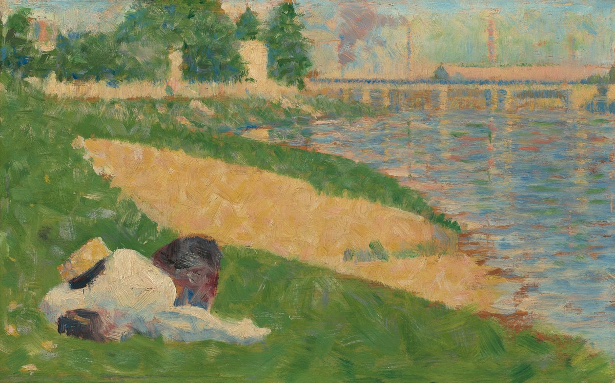 Seinen med tøj på bredden Studie for badende i Asnières, 18831884. af Georges Pierre Seurat