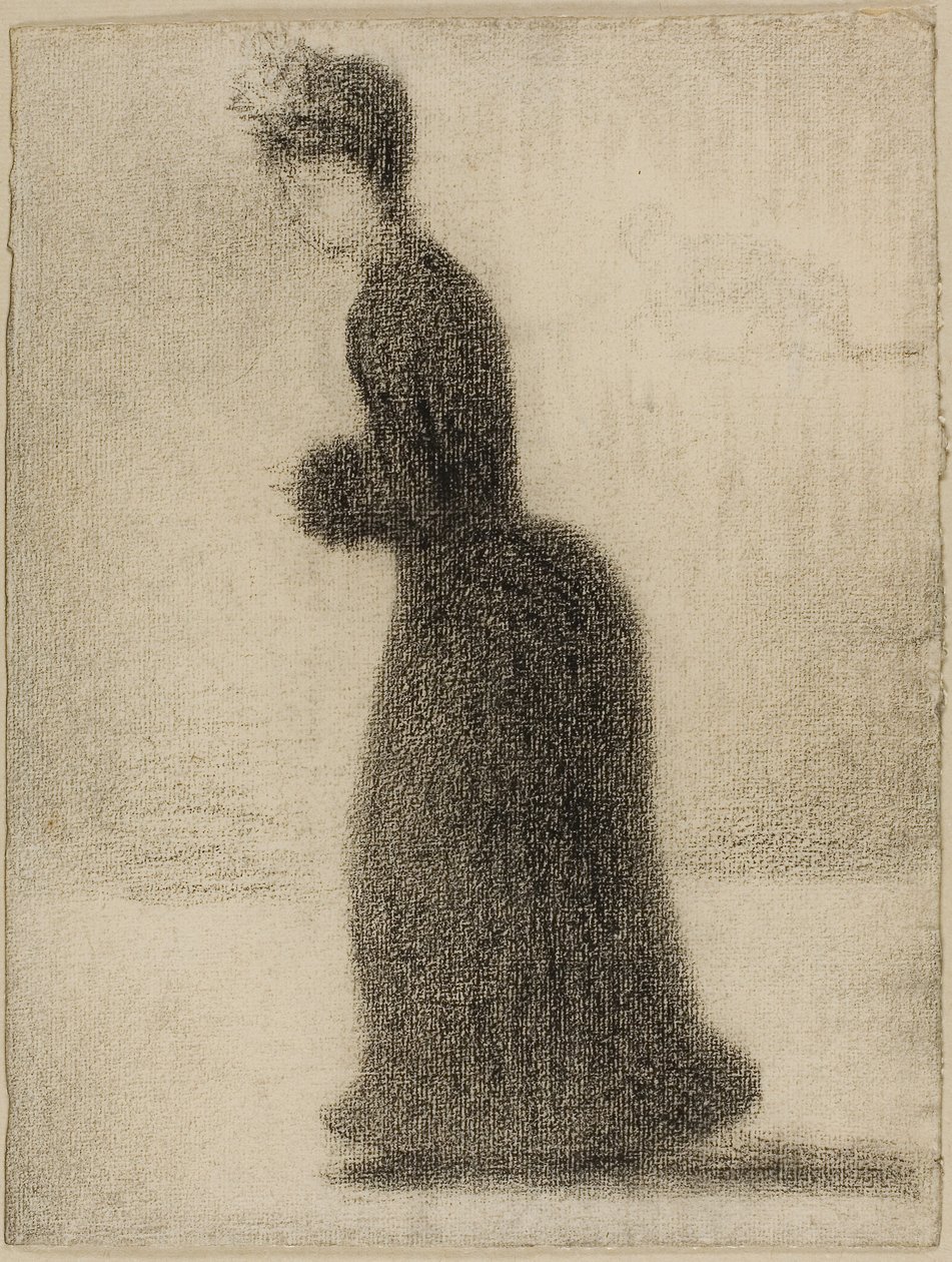 Woman with a Muff, ca. 1884 (sort farveblyant på papir lagt på karton) af Georges Pierre Seurat