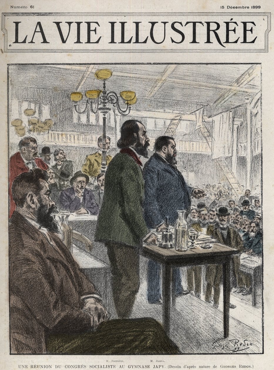 Generalkongres for socialistiske organisationer, afholdt i Paris i december 1899, på Gymnasium Japy - Jean Jaures (1859-1914) og Eugene Fournier (1857-1914) tegning af Georges Redon - la vie illustree de 1899 af Georges Redon