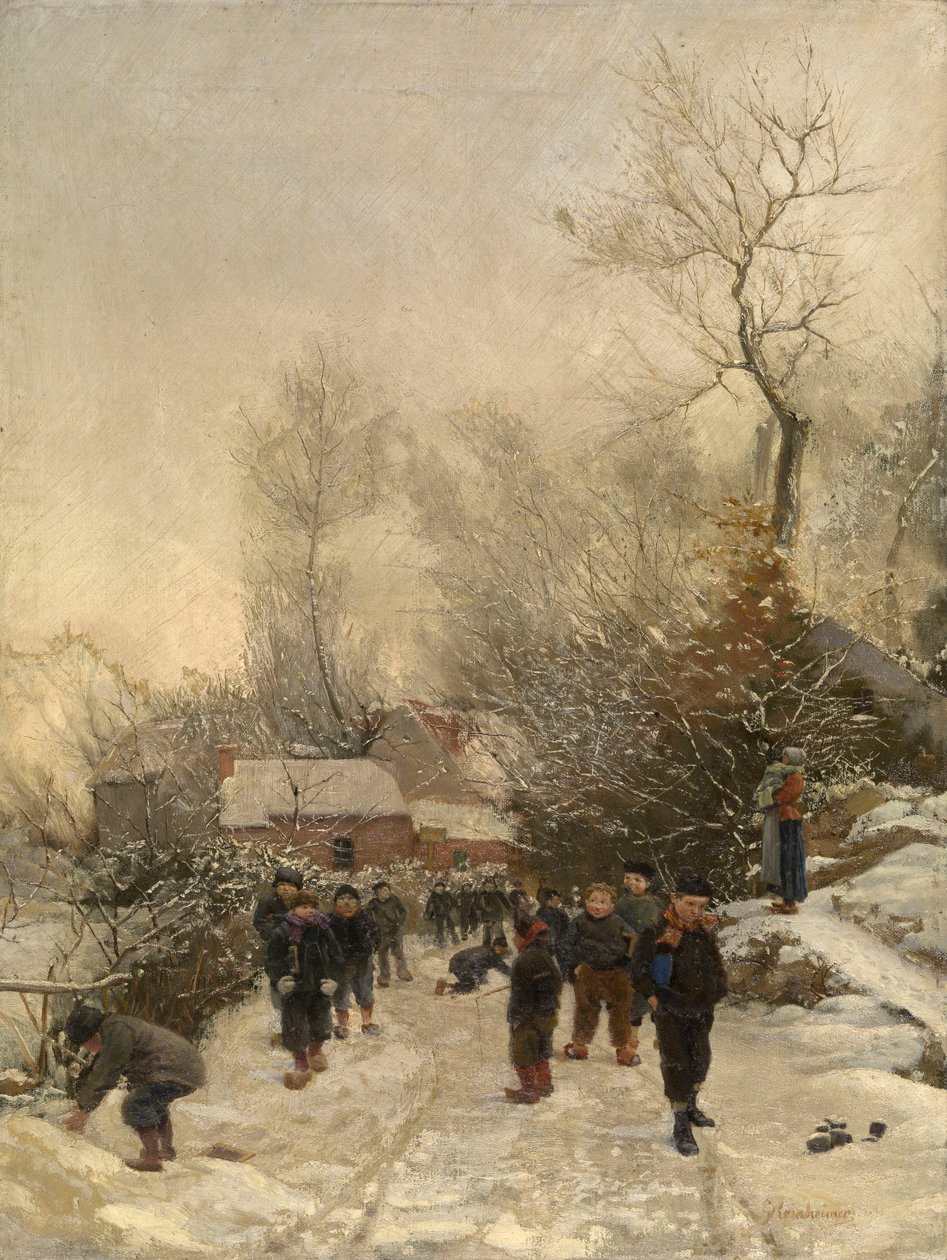 Landsby med børn i sneen (olie på lærred) af Georges Reinheimer
