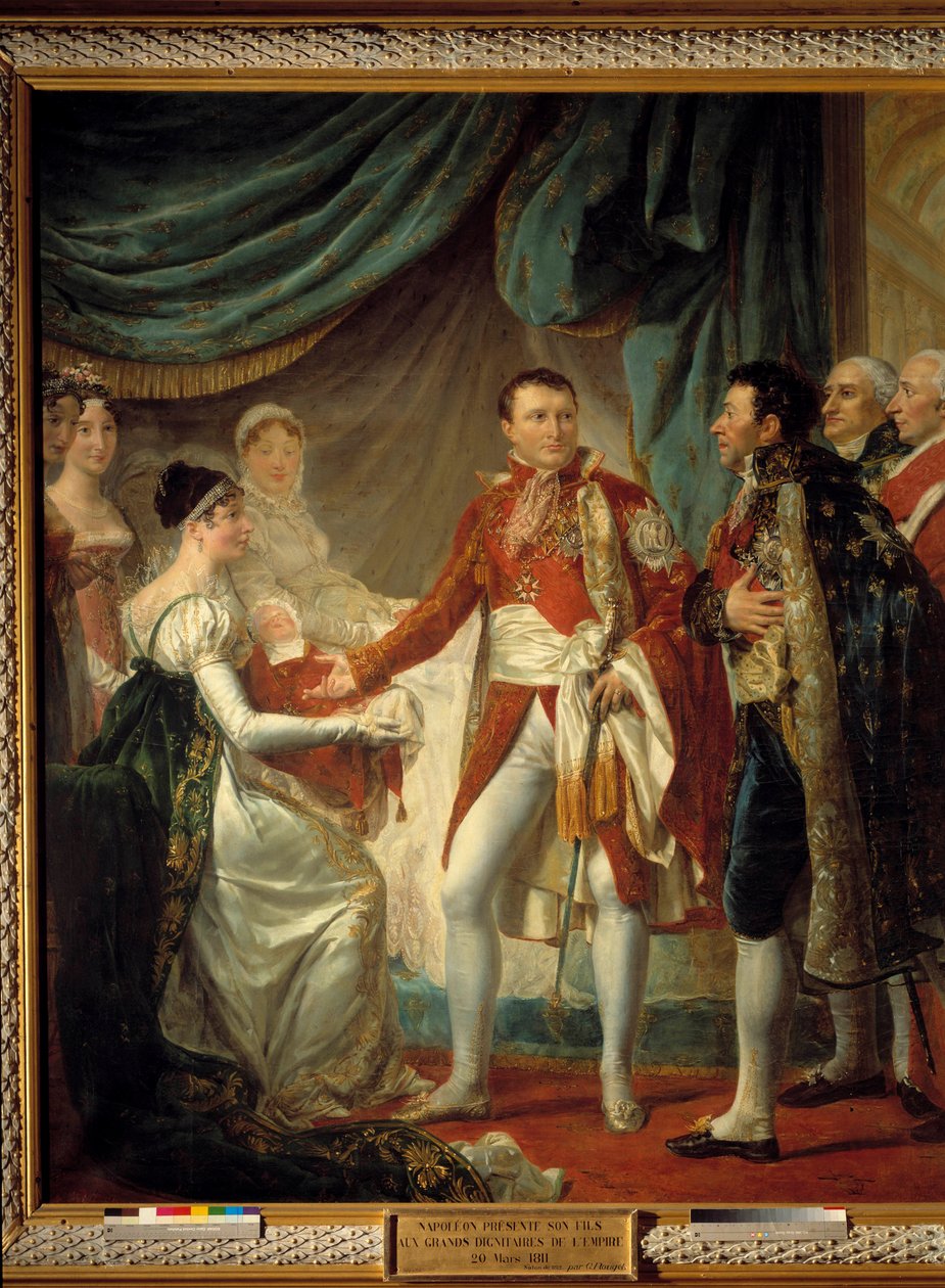 Kejser Napoleon I præsenterer sin søn, kongen af Rom for imperiets dignitærer den 20/03/1811 i nærværelse af den imponerede Marie Louises maleri af Georges Rouget (1784-1869) 1812 Søn. 2,60 x 2,20 m - Præsentationen af kongen af Rom -Napoleon af Georges Rouget