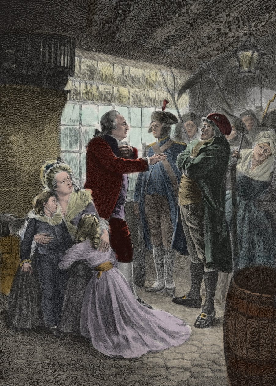 Den franske revolution: 21. juni 1791 Den kongelige familie (Louis XVI, konge af Frankrig, dronning Marie Antoinette og deres to børn, kongens madame Elisabeth, og børnenes guvernante) blev fanget i kroen i Varennes (Varennes-en-Argonne) under th af Georges Roussin