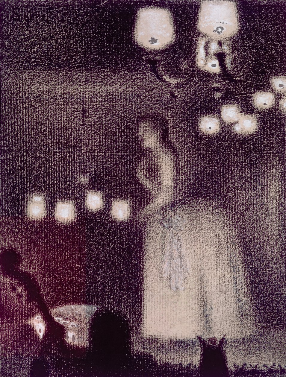 Ved Eden-koncerten, 1886-7 (conte farveblyant, gouache, kridt og blæk på papir) af Georges Seurat