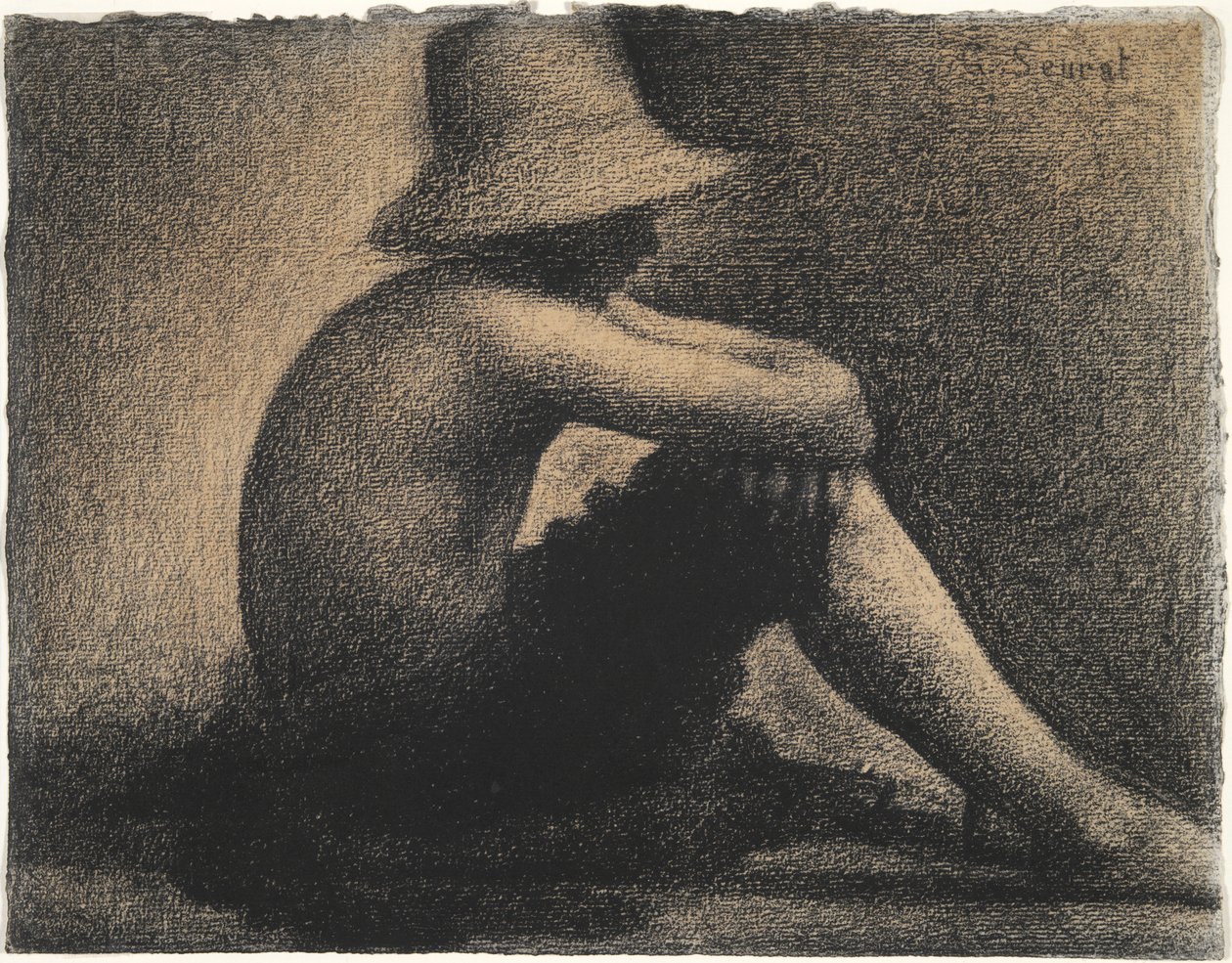 Siddende dreng med stråhat, studie for badegæster i Asnieres af Georges Seurat