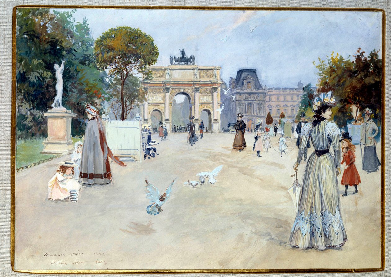 Udsigt over Tuileriehaven i Paris Haven var et af de parisiske steder for gåture af elegante. Gouache af Georges Stein (1870-?) 1900-tallets DR privatsamling af Georges Stein