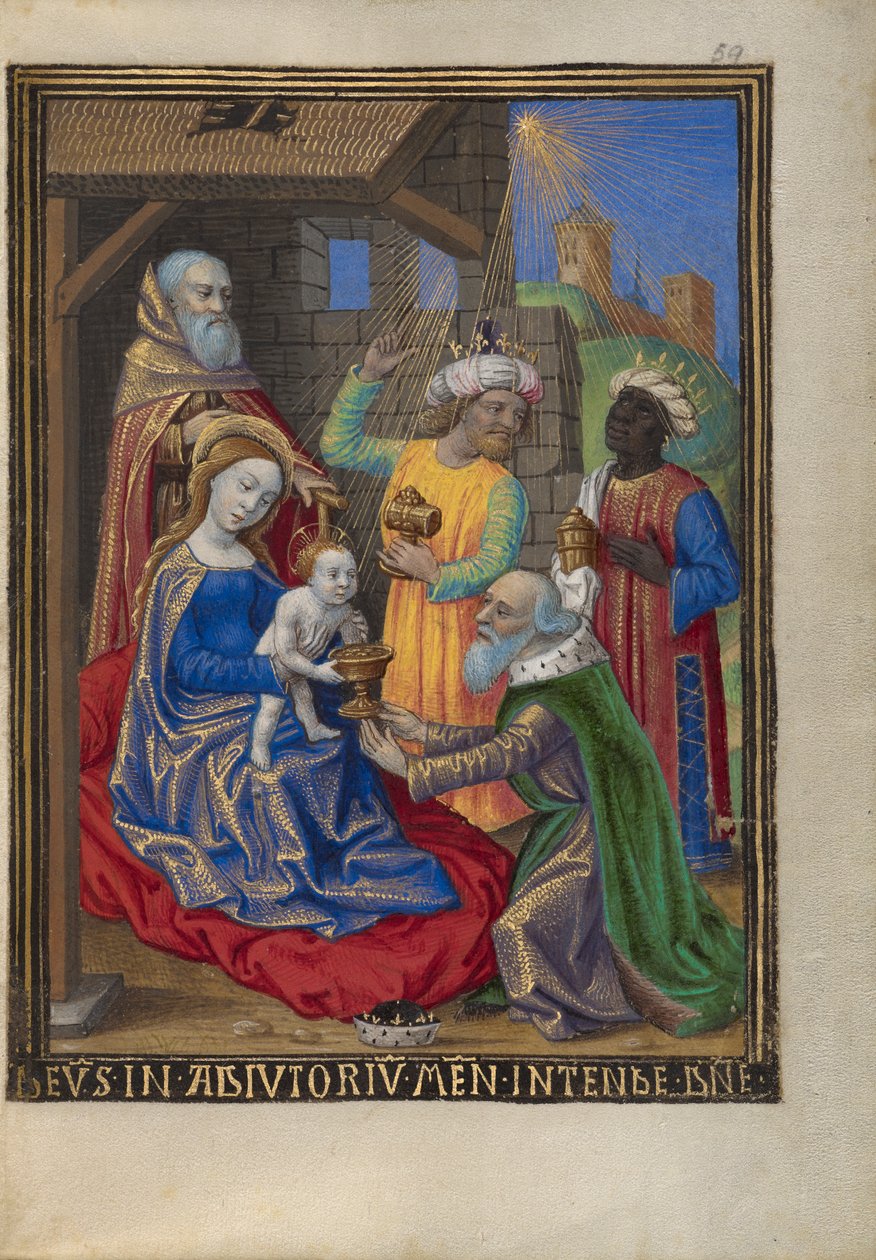 Magiernes tilbedelse fra en timebog Frk. 48 fol. 59, ca. 1480-90 (tempera, bladguld og blæk på pergament) af Georges Trubert