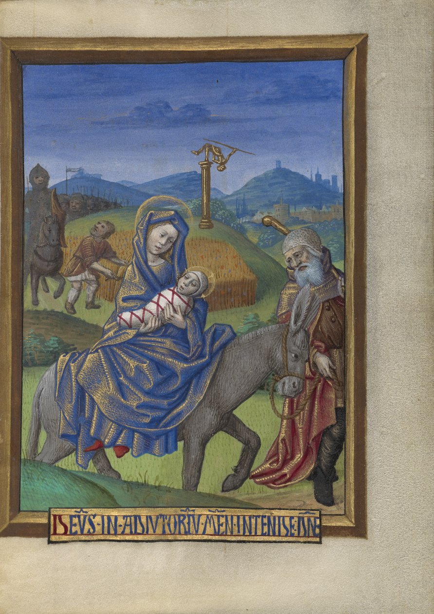 Flugten til Egypten fra en timebog Frk. 48 fol. 67, ca. 1480-90 (tempera, bladguld og blæk på pergament) af Georges Trubert
