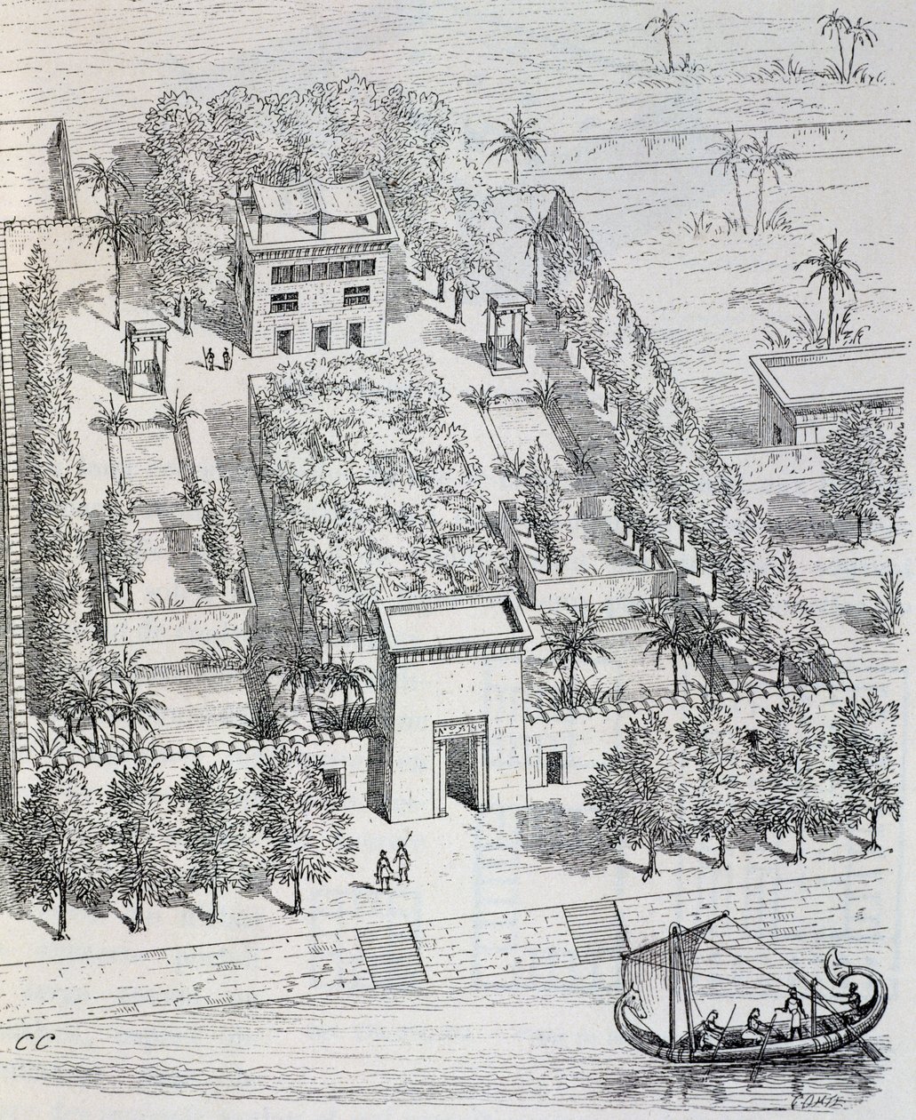 Udsigt over egyptisk villa langs Nilen, rekonstruktion af Chipiez, fra kunsthistorie i antikken (Egypten, Assyrien, Persien, Lilleasien, Grækenland, Etrurien, Rom) af Georges and Chipiez Charles Perrot