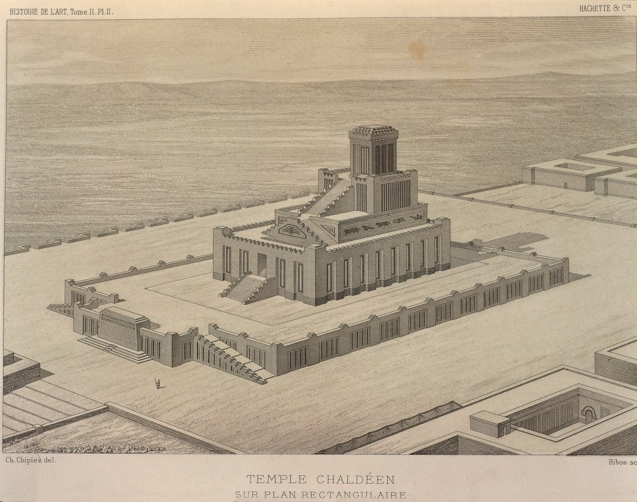 Genopbygning af et kaldæisk tempel. Indgravering fra Georges Perrot (1832-1914) og Charles Chipiez (1835-1901), Histoire de l