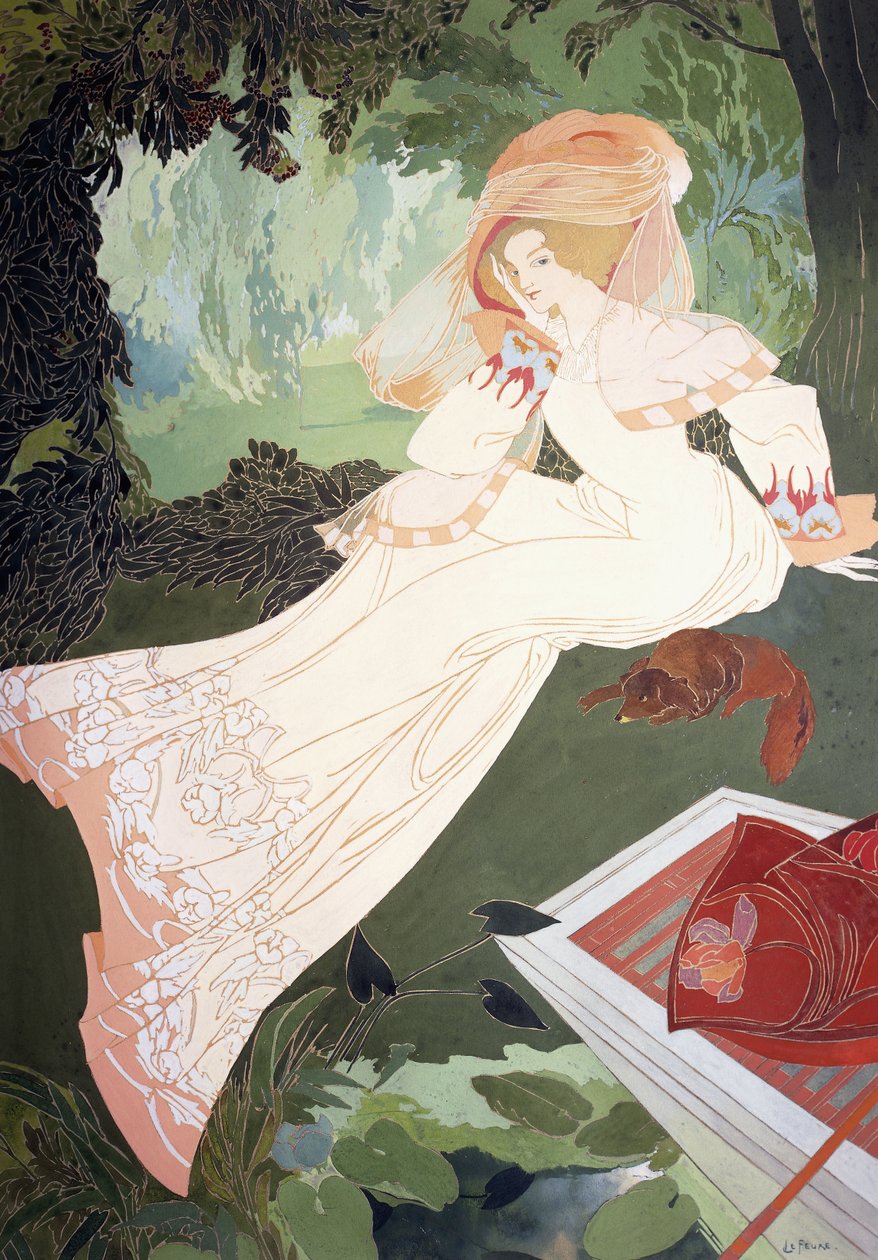 En elegant dame med en hund af Georges de Feure