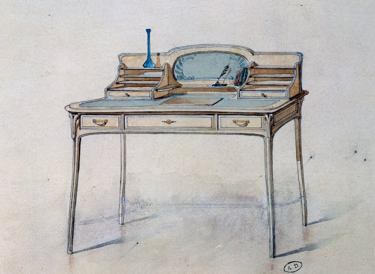 Tegning til et jugendstil dameskrivebord til Bing Atelier (Art Nouveau Workshop), ca. 1900 (akvarel og blyant) af Georges de Feure