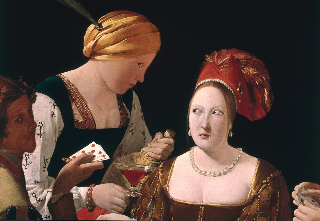 Snyden med rudernes es, detalje, der viser de to kvinder, ca. 1635-40 (detalje af 90053) af Georges de La Tour