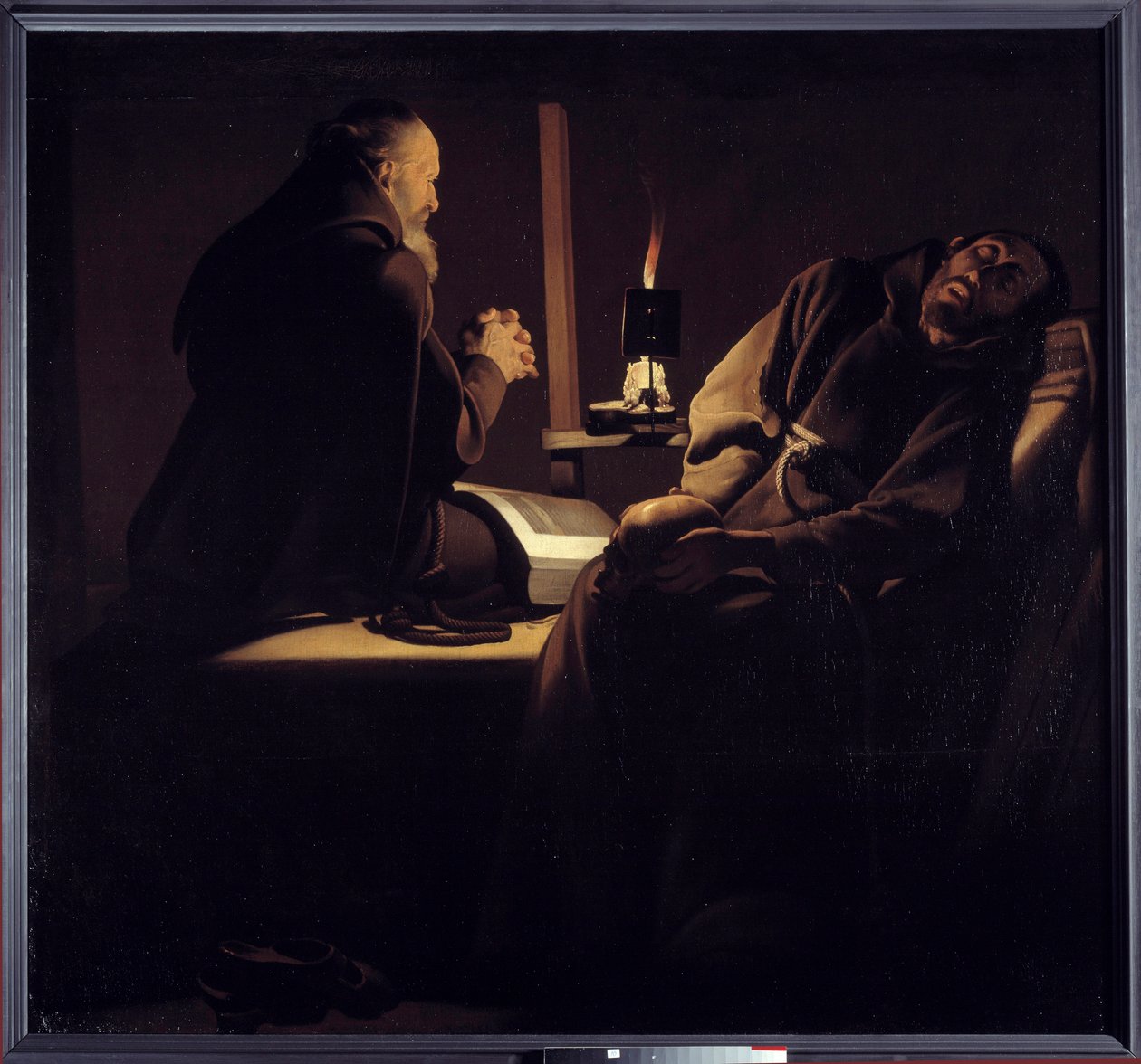 Ekstasen af Saint Francois også kaldet en munk i bøn nær en døende munk eller de to munke. Maleri (Vanite) af Georges de La Tour (1593-1652) af Georges de la (after) Tour