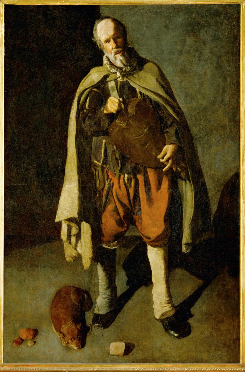Spiller med hund (maleri på lærred) af Georges de la Tour