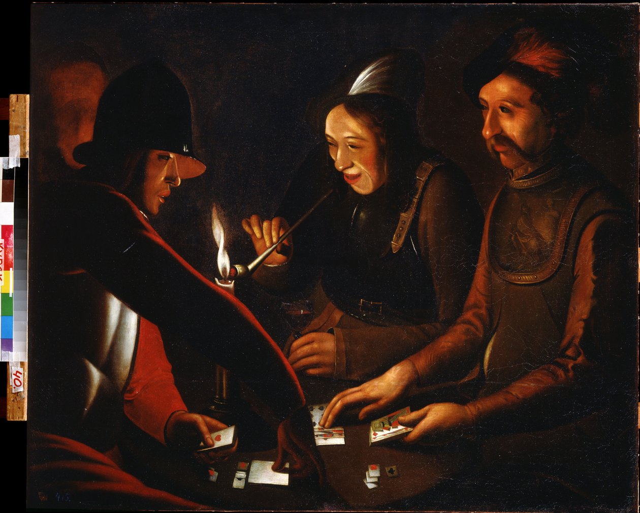 Soldater spiller kort. Soldater, der spiller kort. Maleri af følget af Georges de La Tour (1583-1652). Olie på lærred. Regionalt A. Deineka kunstgalleri, Kursk (Kursk), Rusland. af Georges de La Tour