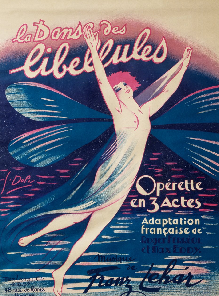 Plakat for Dance of Dragonflies, operette, fransk tilpasning af Roger Ferreol og Max Eddy, musik af Franz Lehar, Max Eschig Publishing, Paris af Georges pseudonym of Edmond Vernier Dola