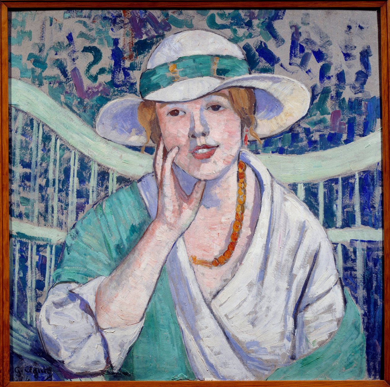 Portræt af dame med hvid og grøn hat, maleri af Georgette Agutte (1867-1922) 1914 Grenoble, Musee des Beaux Arts af Georgette Agutte