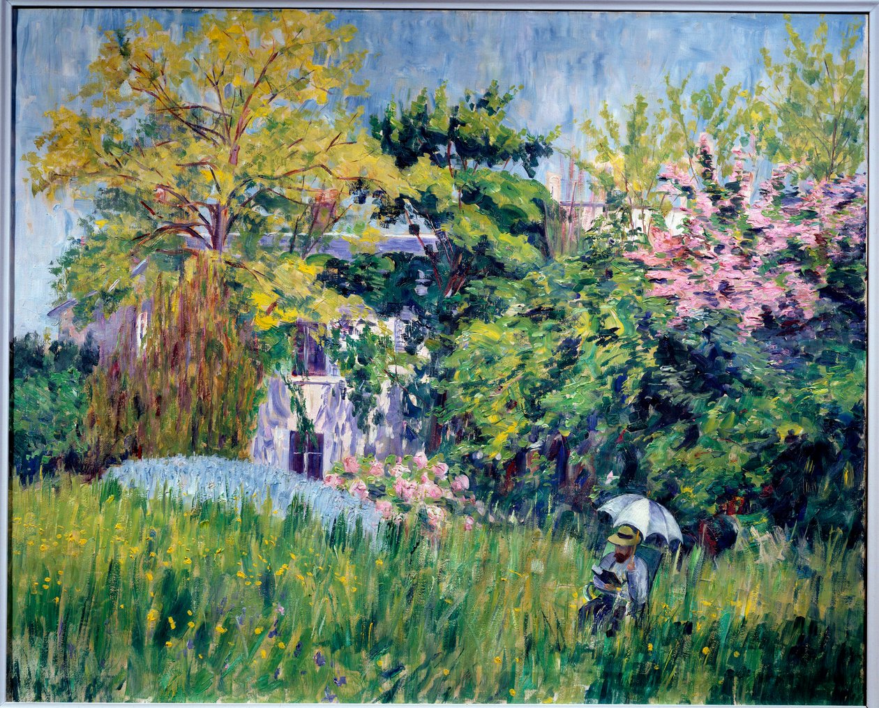 Bonnieres have En læser har under en paraply i højt græs. Maleri af Georgette Agutte (1867-1922) 1909-1910. Olie på lærred, 81 x 100 cm. Grenoble, musee des Beaux Arts - Haven ved Bonnieres. En læser under en paraply i det høje græs. Pa af Georgette Agutte