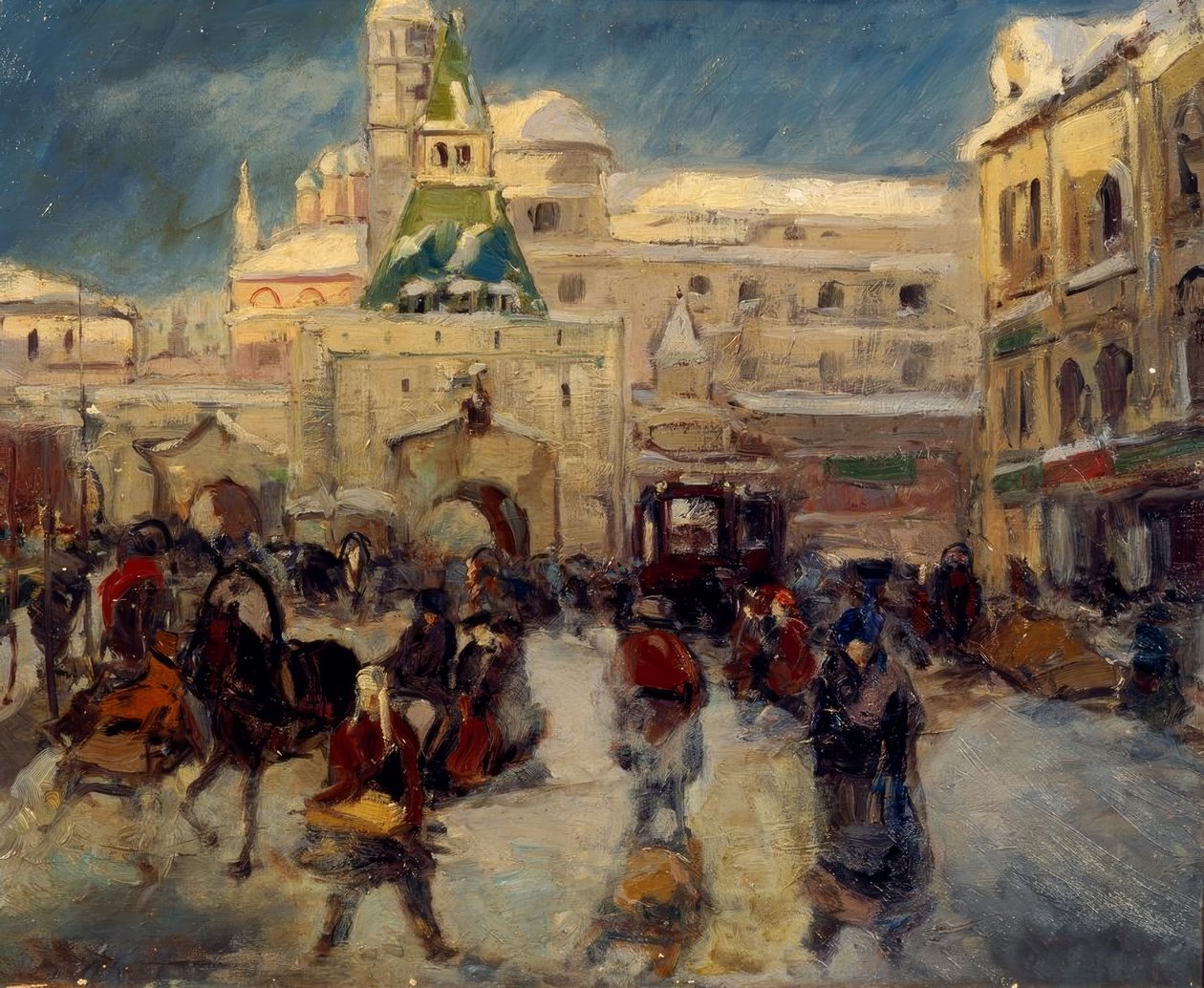 Ilyinskaya-pladsen med Ilyinsky-porten i Moskva af Georgi Alexandrowitsch Lapschin