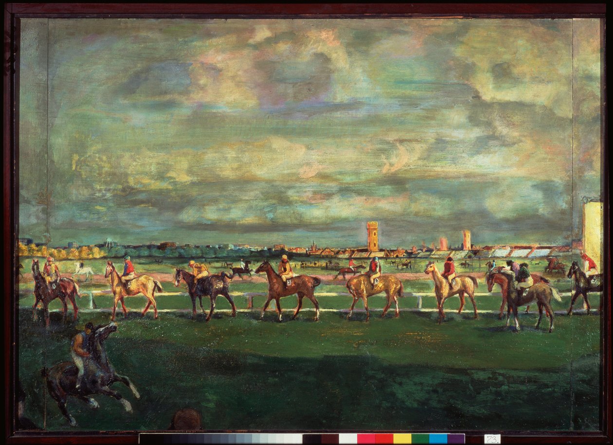 Hestevæddeløb (Horseracing) - Maleri af Georgi Bogdanovich Yakulov (1884-1928), olie på træ af Georgy Bogdanovich Yakulov