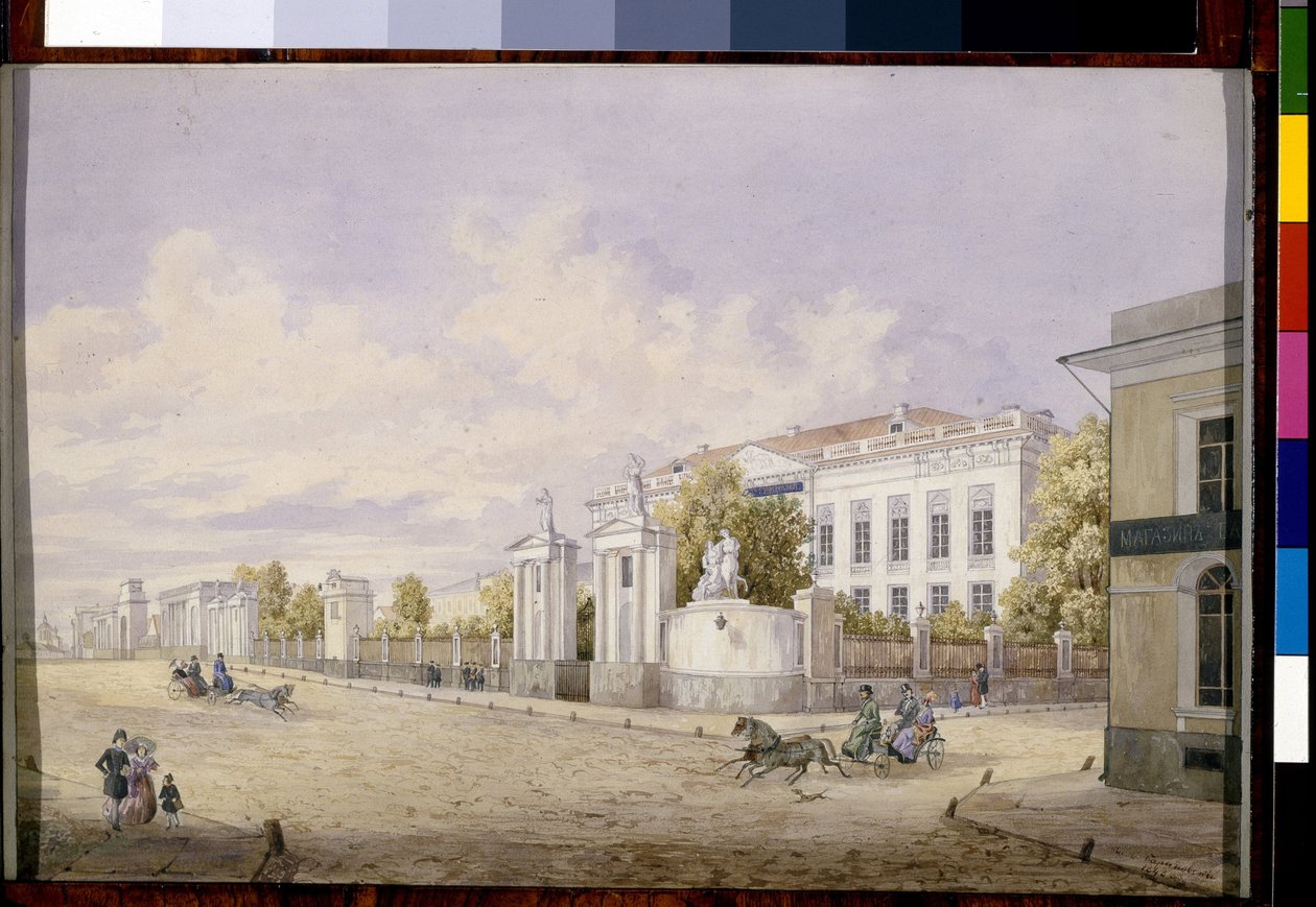 Great Lubyanka Street i Moskva (Great Lubyanka Street in Moscow) - Værk af Georgi Filippovich Baranovsky (1823-1852), akvarel på papir, 1848 - Tretyakov-statsgalleriet, Moskva (Rusland) af Georgi Filippovich Baranovsky