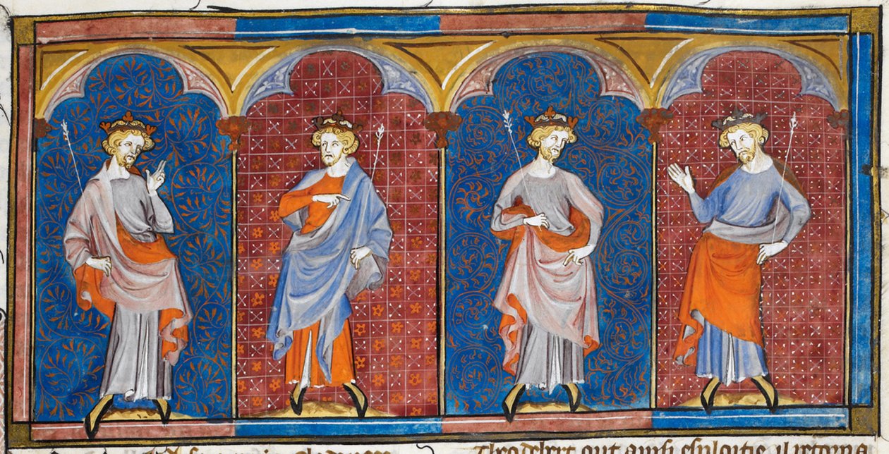 Clodomire, Childebert, Theodoric og Clothaire, fra Chroniques de France ou de St Denis, 14. århundrede (22093692824) af Georgia Levan Ramishvili from Tbilisi