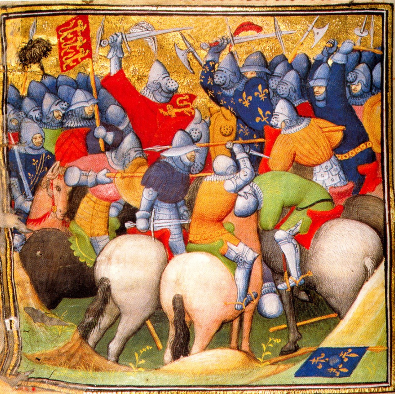 Englænderne kæmper mod de franske riddere i slaget ved Crécy i 1346, Grandes Chroniques de France, 1415 (26228020225) af Georgia Levan Ramishvili from Tbilisi