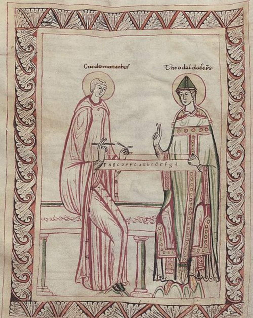 Guido af Arezzo og biskop Tedald arbejder på monokord, miniature fra det 11. århundrede (21954743795) af Georgia Levan Ramishvili from Tbilisi