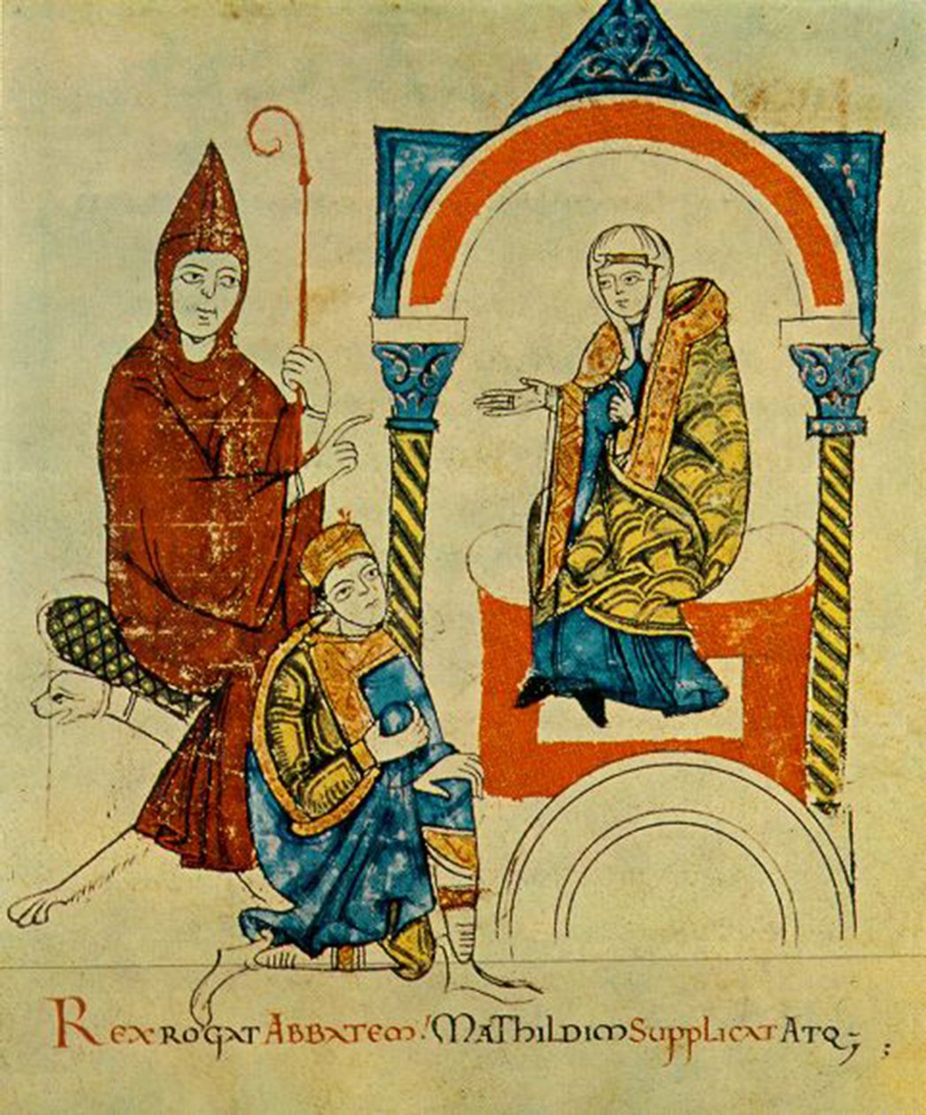 Kong - den hellige romerske kejser Henrik IV - beder til abbed - Hugh af Cluny - og bønfalder Matilda - af Canossa -, fra Vita Mathildis, ca. 1115 (34295963116) af Georgia Levan Ramishvili from Tbilisi