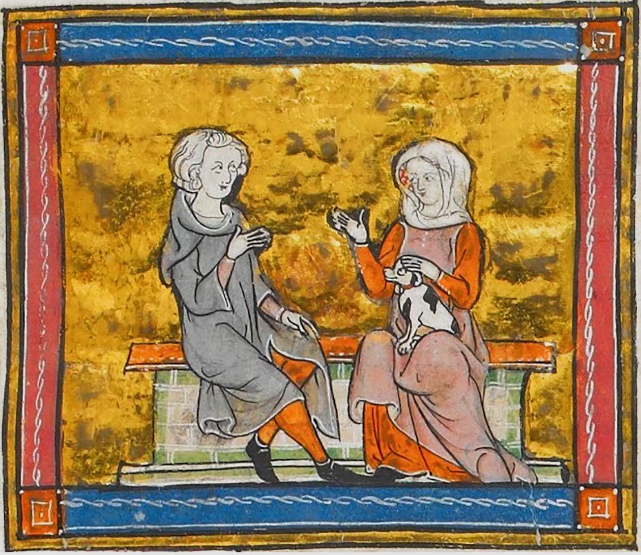 Lancelot i samtale med en dame, der holder en lille sort og hvid hund, fra Morte Artu, ca. 1315-1325 (41067329535) af Georgia Levan Ramishvili from Tbilisi