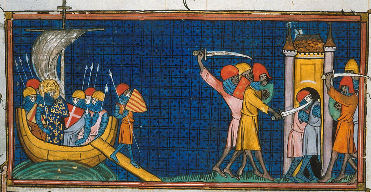 Louis IX går i land ved Tunis, og franskmændene bliver afskåret af saracenerne i tårnet, fra Chroniques de France ou de St Denis, 14. århundrede (22528512660) af Georgia Levan Ramishvili from Tbilisi