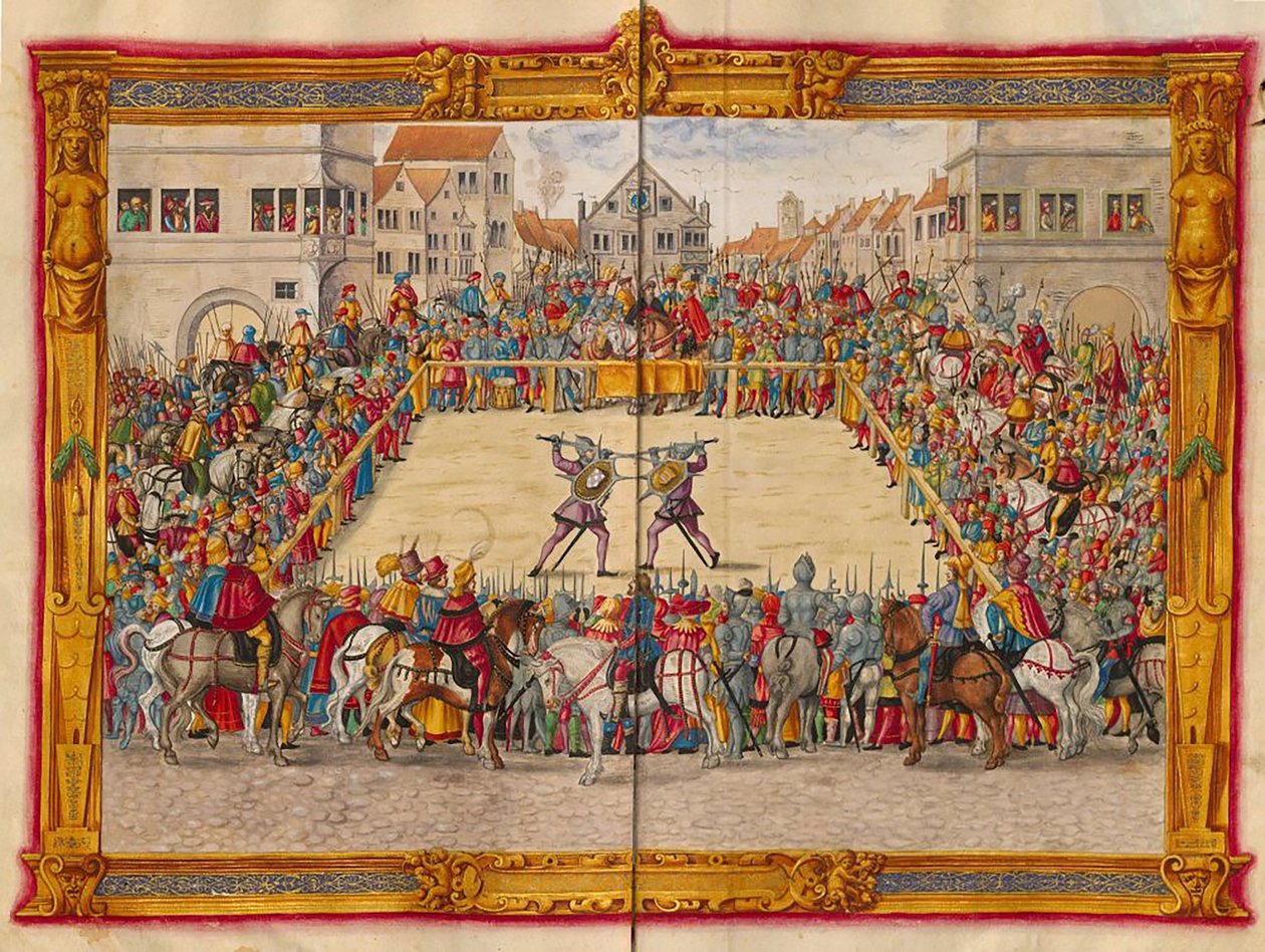 Marskal Wilhelm von Dornsberg og Theodor Haschenacker duellerer på vinmarkedet i Augsburg, fra Fechtbucher af Jörg Breu den yngre, ca. 1544 (48108343966) af Georgia Levan Ramishvili from Tbilisi