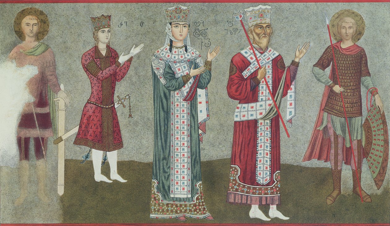 Kopi af en freskomaleri, der forestiller dronning Thamar (1184-1213) og hendes far, kong Grigori III (1156-1184) af Georgian School